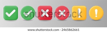 Check mark icons. Checkmark and cross mark buttons. Tick sign, exclamation mark and cross icon. Yes and No symbols. Vector illustration for ui, infographic, website, app, web use