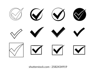 check mark icons. checkmark white, checkmark orange, checkmark transparent, checkmarks. Vector symbols set ,black checkmark isolated on white background.