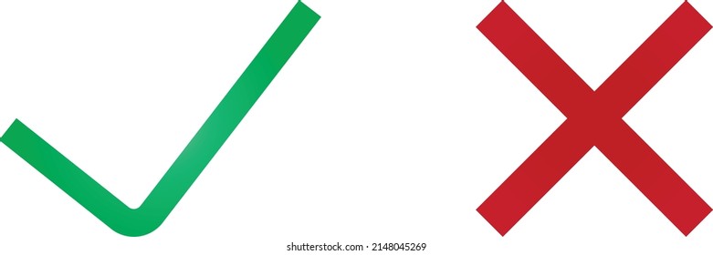 Marcar iconos. Marca X símbolo rojo sobre fondo blanco aislado. Marque las señales en colores verde y rojo. Sí, no hay botones web. signo de rechazo aprobado, ilustración de vector