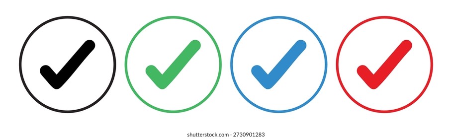 Iconos de marca de verificación en el conjunto de bordes del círculo – Negro Verde Azul Rojo Tick Symbols, Aprobado Verificado Vector de confirmación