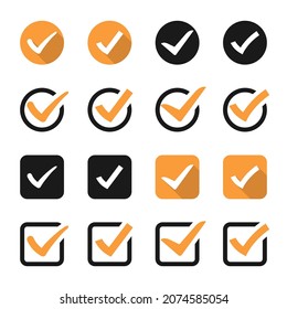 Check mark icons collection. Set of orange tick icons. Checkmark symbol
