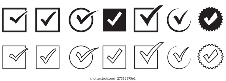 Marque la Colección de iconos. Conjunto de símbolos de marca de verificación que muestran los conceptos de Aprobación, éxito, validación y confirmación en los estilos planos y esquemáticos modernos.
