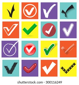 Check Mark Icons. Collection of Ticks, Made in Different Styles on a Colorful Background. Hand drawn, Flat, Glossy Button, Scribble, 3D, Glass, Paper and Other styles. Vector Illustration.