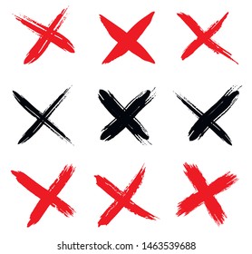 Check mark icons, cross in grunge style. Symbol of error, check, wrong and stop, failed. Cross sign element. Hand drawn with brush.