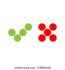 Check mark icons of dots. Green tick and red cross. Flat vector illustration isolated on white background.
