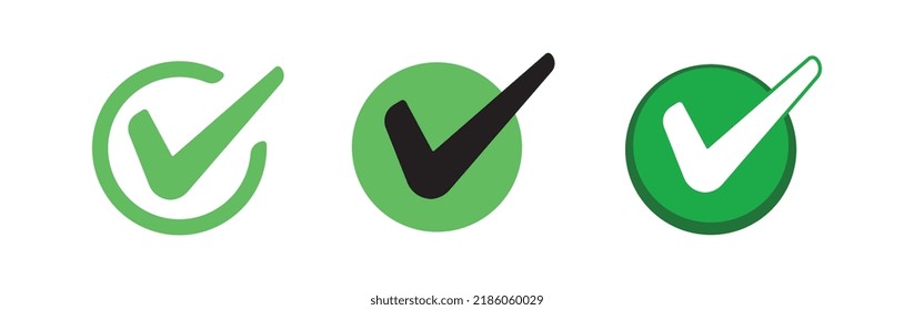 Check mark icons. Green checklist tick symbol. Approved and positive symbol.