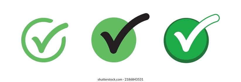 Marcar iconos. Símbolo de marca de la lista de verificación verde. Símbolo aprobado y positivo.