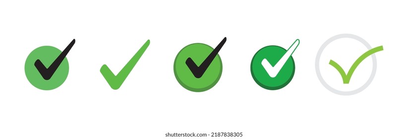 Check mark icons. Green checklist tick symbol. Approved and positive symbol.