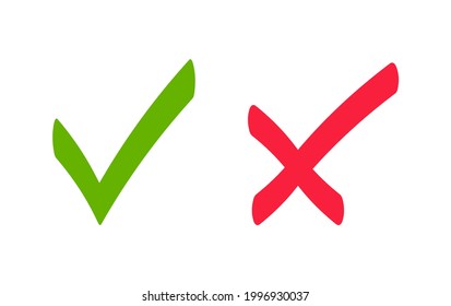 Markierungssymbole markieren. Grünes Häkchen und rotes Kreuz. Kick und Cross Icons. Akzeptiert oder abgelehnt, wahr oder falsch, richtig oder falsch, ja oder nein Zeichen. Kästchen-Symbole. Vektorgrafik.