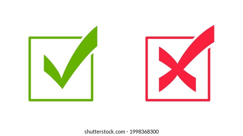Markierungssymbole markieren. Grünes Häkchen und rotes Kreuz. Kick und Cross Icons. Akzeptiert oder abgelehnt, wahr oder falsch, richtig oder falsch, ja oder nein Zeichen. Kästchen-Symbole.