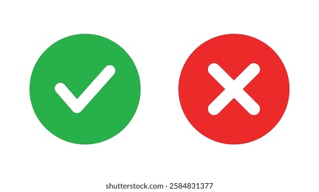 Check mark icons. green check mark and red cross mark icon set. green tick and red x. Symbols of approval and Decline, vector illustration