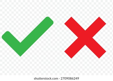 Check mark icons. green check mark and red cross mark icon set. green tick and red x. Symbols of approval and Decline, vector illustration