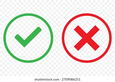 Marca de verificación. marca de verificación verde y marca de la cruz roja conjunto de iconos. marca verde y rojo x. Símbolos de Aprobación y declive, Ilustración vectorial