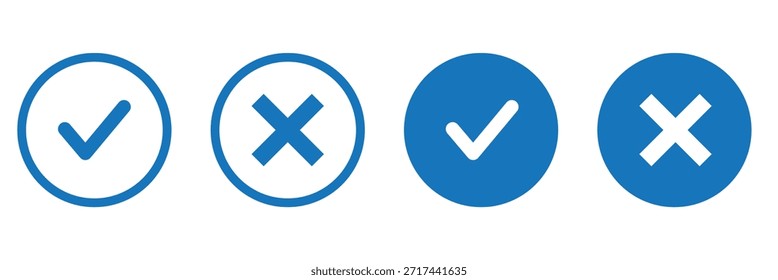 Marca de verificación. marca de verificación verde y marca de la cruz roja conjunto de iconos. marca verde y rojo x. Símbolos de Aprobación y declive, Ilustración vectorial