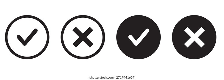 Check mark icons. green check mark and red cross mark icon set. green tick and red x. Symbols of approval and Decline, vector illustration