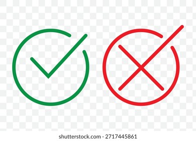 Ícones da marca de seleção. marca de seleção verde e ícone da marca de cruz vermelha definidos. marca de verificação verde e x vermelho. Símbolos de aprovação e ícone de recusa vetor.