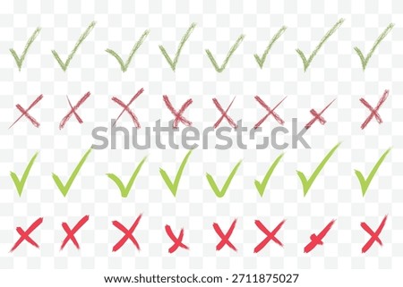 check mark icons. green check mark and red cross mark icon set. green tick and red x. symbols of approval and Decline. brush ink grunge check marks icon set vector. Check tick mark icon set PrintCheck