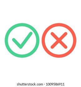 Check mark icons. Green tick and red cross checkmarks icons set. Flat vector illustration.