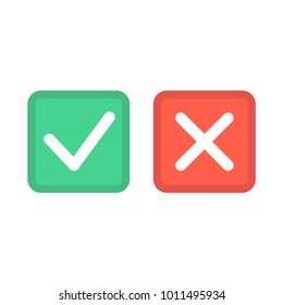 Check mark icons. Green tick and red cross checkmarks icons set. Flat vector illustration.