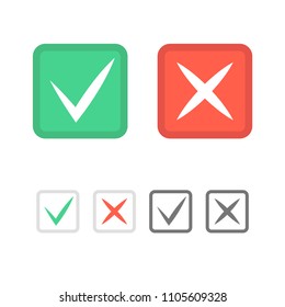 Check mark icons. Green tick and red cross checkmarks icons set. Vector illustration.