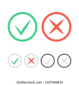 Check mark icons. Green tick and red cross checkmarks icons set. Vector illustration.