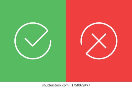 Check Mark Icons. Green Tick Symbol And Red X Sign In Circle. Icons For Evaluation Quiz. Vector.