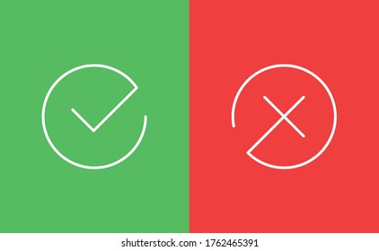 Check mark icons. Green tick symbol and red x sign in circle. Icons for evaluation quiz. Vector.