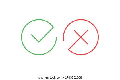 Markierungssymbole markieren. Symbol mit grünem Häkchen und rotes x Zeichen im Kreis. Icons für das Testen. Vektorgrafik.
