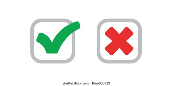 Check mark icons. Green tick and red x. Approval and decline symbols.