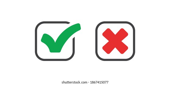 Marcar iconos. Ropa verde y x roja. Símbolos de aprobación y rechazo.