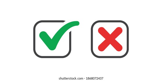 Check mark icons. Green tick and red x. Approval and decline symbols.