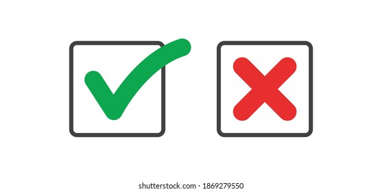 Check mark icons. Green tick and red x. Approval and decline symbols.