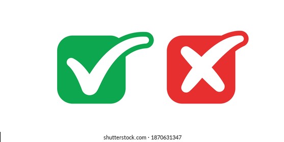 Check mark icons. Green tick and red x. Approval and decline symbols.