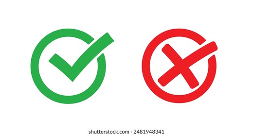 Check mark icons. Green tick and red x. Symbols of approval and Decline, Check green mark and Red Wrong icon