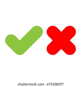 Check mark icons. Green tick and red cross. Flat vector illustration isolated on white background.