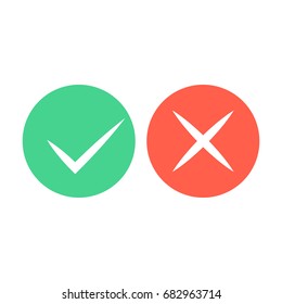 Check mark icons. Green tick and red cross checkmarks icons set. Flat cartoon style. Vector illustration.