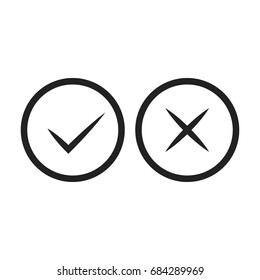 Check mark icons. Green tick and red cross checkmarks icons set. Flat cartoon style. Vector illustration.