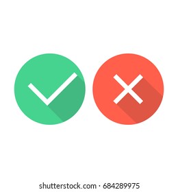 Check mark icons. Green tick and red cross checkmarks icons set. Flat cartoon style. Vector illustration.