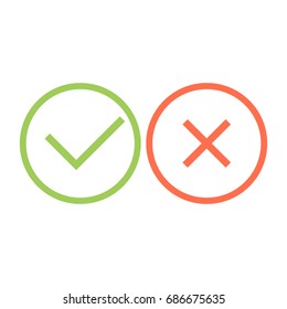 Check mark icons. Green tick and red cross checkmarks icons set. Flat cartoon style. Vector illustration.