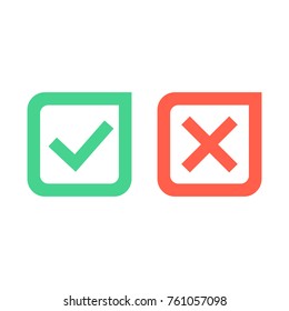 Check mark icons. Green tick and red cross checkmarks icons set. Flat cartoon style. Vector illustration.