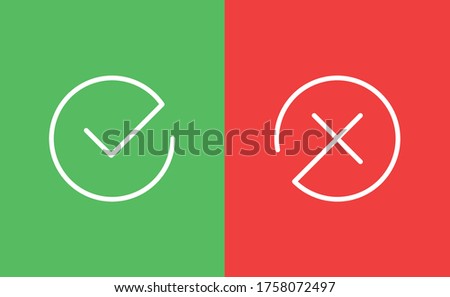 Check mark icons. Green tick symbol and red x sign in circle. Icons for evaluation quiz. Vector.