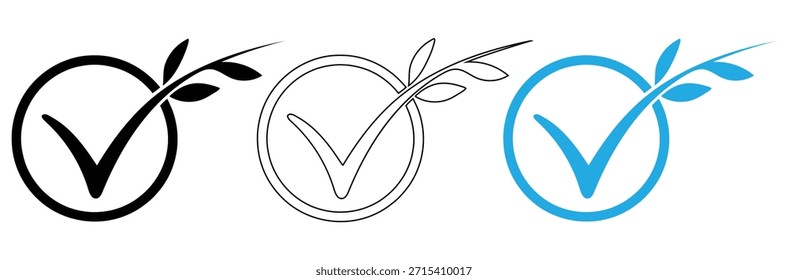 Markierungssymbole mit Blättern im Kreis für die umweltfreundliche Genehmigung,Ein minimalistisches grünes Blattsymbol mit einem Häkchen, das organische Produkte symbolisiert,Umweltfreundliche Landwirtschaft und ökologische Nachhaltigkeit