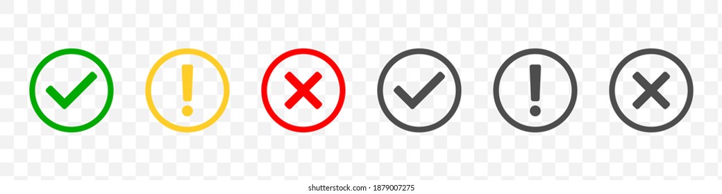 Check mark icons. Modern label icons check mark on transparent background. Tick sign, exclamation mark ​​and cross icons. Yes and No symbols. Trendy style. Vector illustration