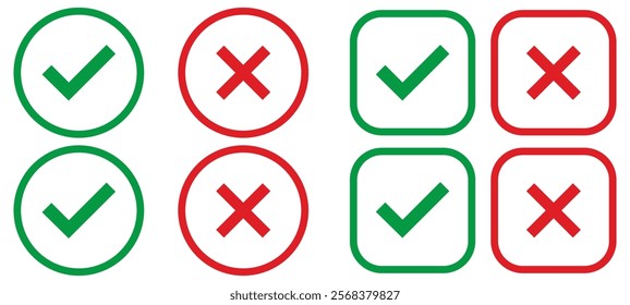 Check mark icons. Modern label icons check mark on transparent background. Tick sign, exclamation mark ​​and cross icons. Yes and No symbols. Trendy style. Vector illustration