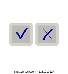 Check mark icons on grey buttons. Blue tick and cross check marks icons set. Vector illustration.