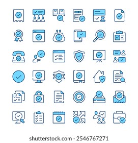 Check mark icons. Outline symbols. Vector blue line icons set