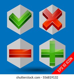 Check mark icons. Plus minus icons. Yes No pictures. True and false logo. Vector illustration.