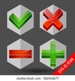 Check mark icons. Plus minus icons. Yes No pictures. True and false logo. Vector illustration.