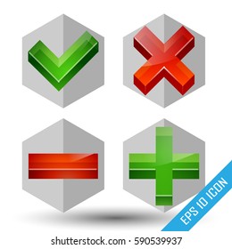 Check mark icons. Plus minus icons. Yes No pictures. True and false logo. Vector illustration.