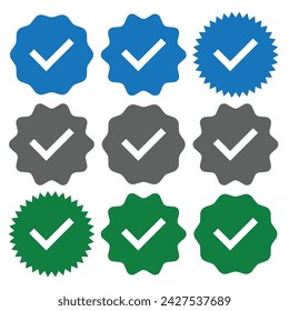 Check mark icons. Profile verification check marks icon. Approved symbol. Verified account badge. Quality and accept signs. Vector illustration.